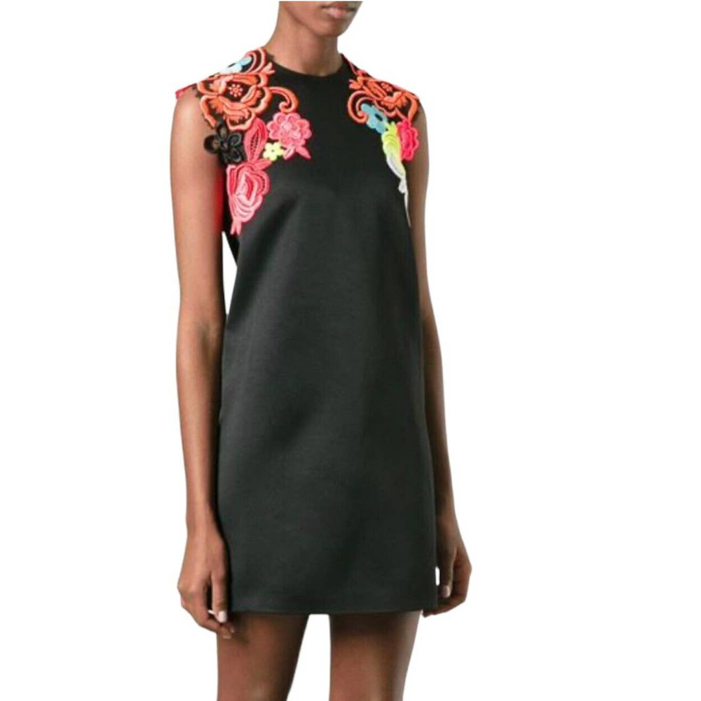 Christopher Kane 2016 Decades Black Neon Floral Embroidered Mini Dress sz 2